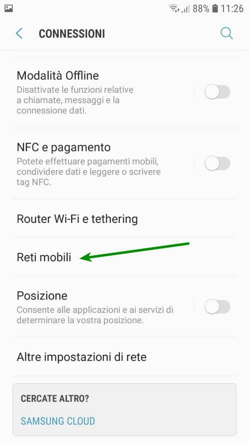 Impostazioni reti mobili Android